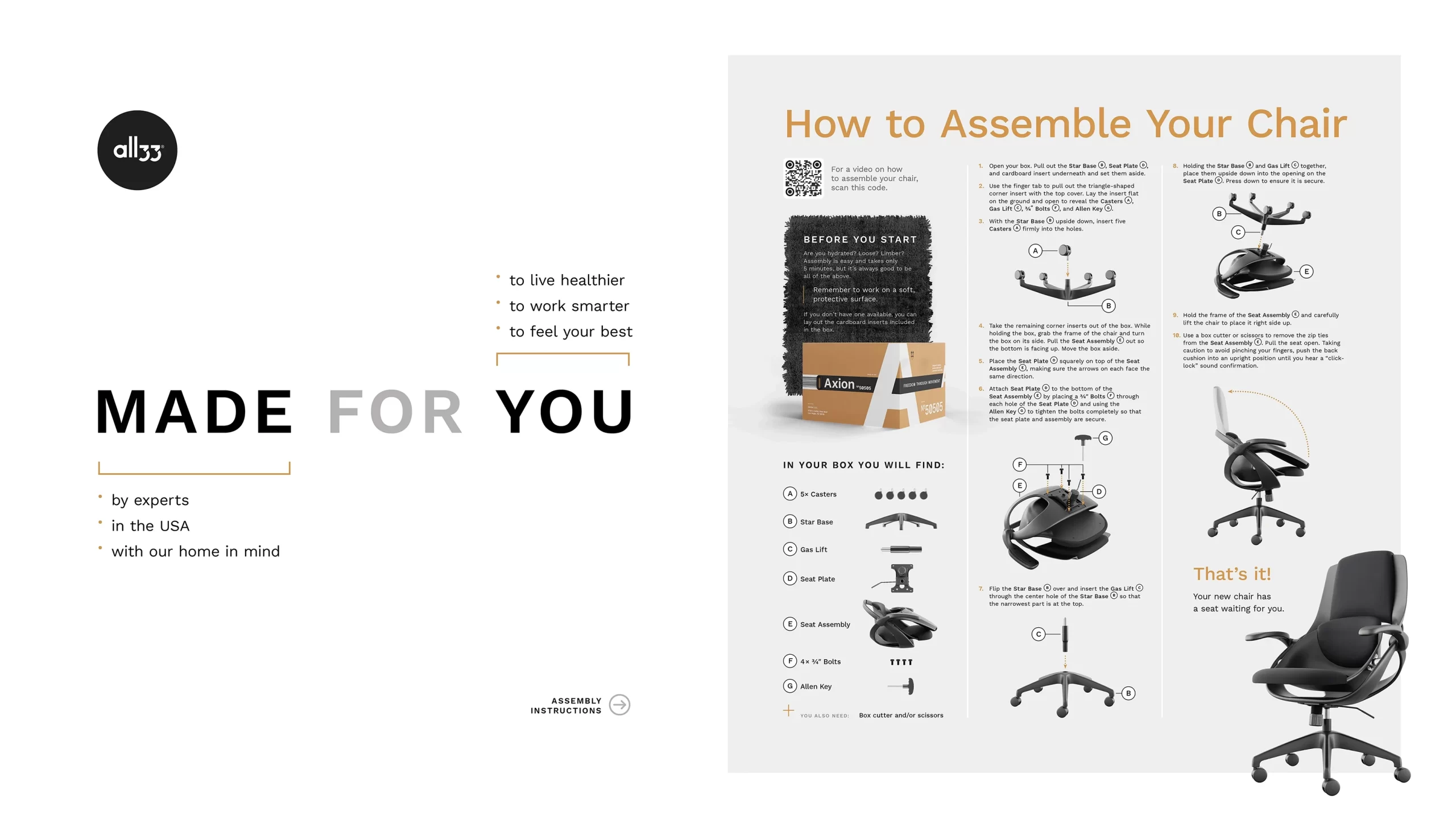 Flat, white folded insert shown open. Left page: all33 logo, a large “Made For You” headline, and short bullet lists (“by experts,” “in the USA,” “with our home in mind” and “to live healthier,” “to work smarter,” “to feel your best”). Right page: “How to Assemble Your Chair” with a QR code for the video, a “Before you start” callout, an inventory checklist with icons (casters, base, gas lift, seat plate, seat assembly, bolts, Allen key), and numbered steps illustrated with large 3D renders; final panel reads “That’s it!” beside the finished chair.