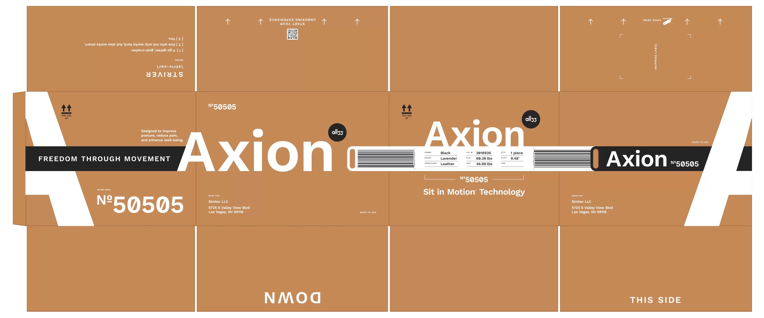 Flat layout of the Axion shipping box on a warm, earthy background, showing all exterior panels before folding. The front panels feature a large white “A,” the Axion wordmark with the all33 badge, model “Nº 50505,” a white specification band with barcode and integrated handle, the line “Sit in Motion® Technology,” and a dark band reading “Freedom Through Movement.” Top flaps include a reserved “Shipping Label” area, arrows and “This Side Up,” and a QR code with “Start your unboxing experience” linking to the assembly video. One flap carries a small “Striver — noun” definition. Bottom flap reads “This Side Down.” The die-cut displays alignment marks and fold lines across all panels.